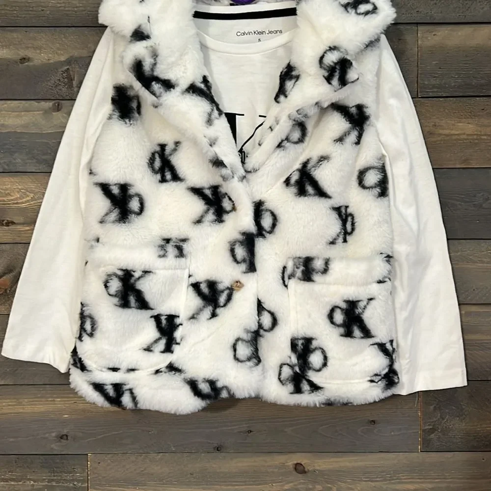 New Calvin Klein Faux Fur Vest with Calvin Klein Long Sleeve Shirt Girls size 5